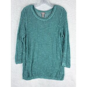 Chico's Crochet Pullover Sweater Top Teal Long‎ Sleeve Knit Size 2